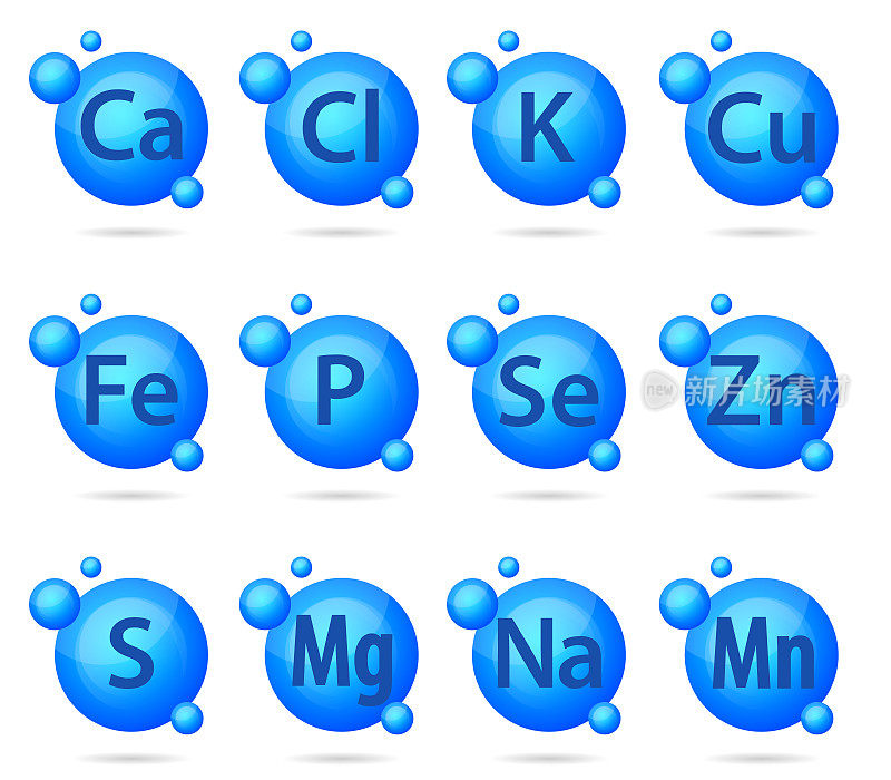 一套复杂的矿物。矿物K, Cl, Ca, Cu, Mn, Na, Fe, Mg, Se, Zn, S, p多矿物药丸胶囊补充说明概念。蓝色药物营养设计。
